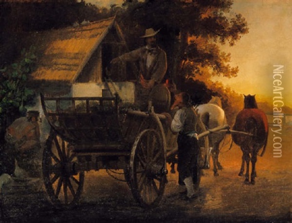 Utazo A Fogado Elott (traveller In Front Of The Inn) Oil Painting - Ferenc (Franz) Ujhazy