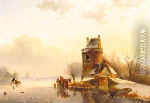 A tower by a frozen lake Oil Painting - Andreas Schelfhout