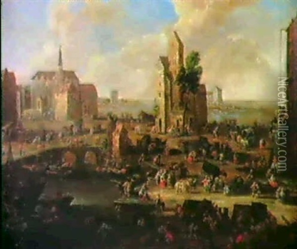 Eine Hafenstadt Mit Vielen Figuren Oil Painting - Pieter Bout