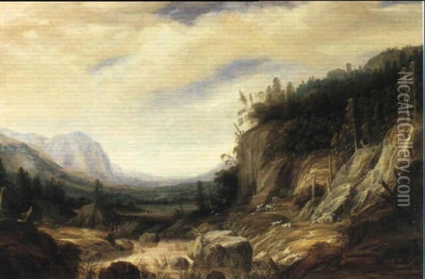 A Mountain Landscape With Cattle Grazing By A Stream Oil Painting - Jacob Savery the Younger