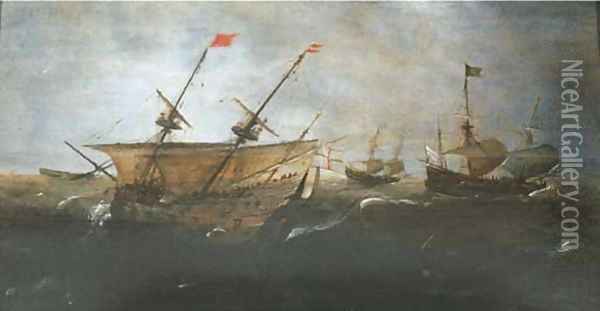 Merchantmen at sea in a gale Oil Painting - Andries Van Eertvelt
