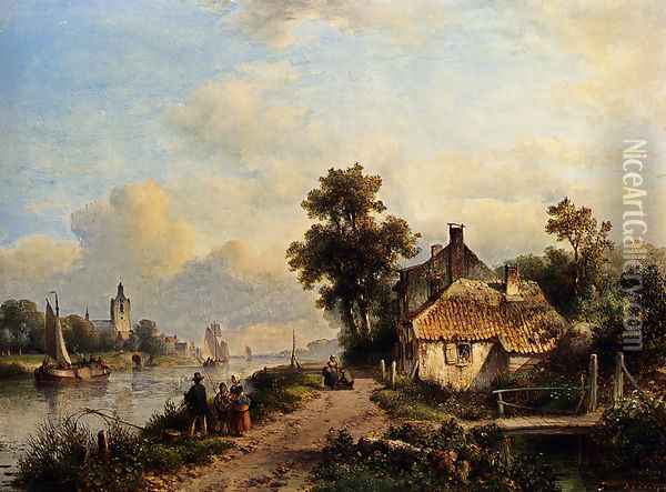 A Summer Landscape With Figures Along A Waterway Oil Painting - Lodewijk Johannes Kleijn