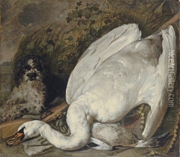 A Hunting Still Life With A Swan, A Duck And A Dog Oil Painting - Jan van Kessel the Elder
