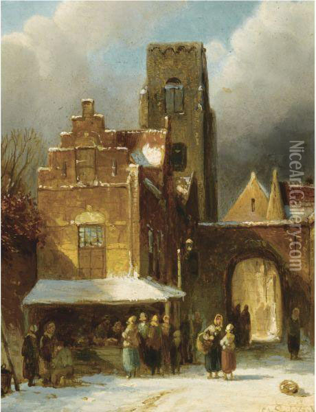 A Busy Day In A Wintry Dutch Town Oil Painting - Charles Henri Leickert