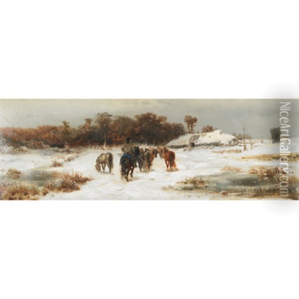 Horseman And Herd Nearing Home In The Snow Oil Painting - Adolf Schreyer