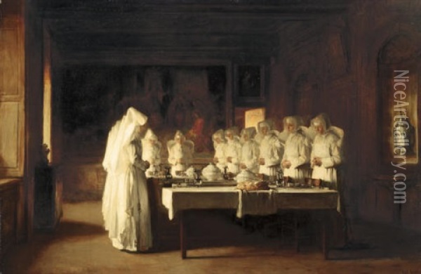 Sisters Of Charity Saying Grace Before A Meal At The Hospice In Beaune, France, (le Benedicte) Oil Painting - Joseph Bail