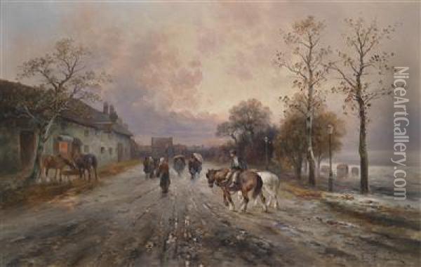 Village Landscape In The Evening Light Oil Painting - Emil Barbarini