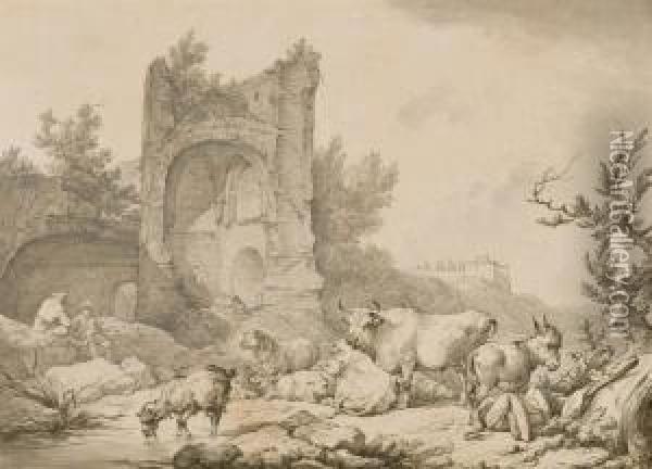 Troupeau D'animaux Dans Un Paysage En Ruines A Mondragon Endauphine Oil Painting - Loutherbourg, Philippe de