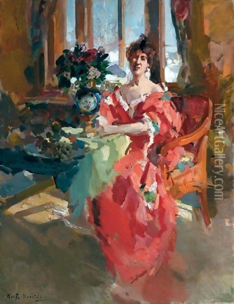 Portrait Of A Lady In A Red Dress Oil Painting - Konstantin Alexeievitch Korovin