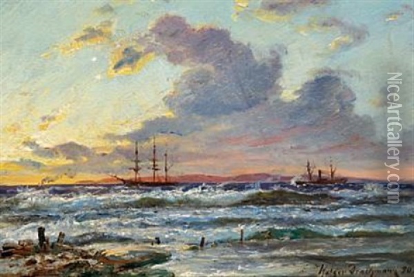 Sailing Ship And Steamers Off The Coast At Sunset Oil Painting - Holger Henrik Herholdt Drachmann