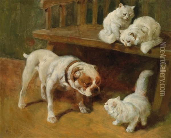 Dog And Cats Oil Painting - Arthur Heyer