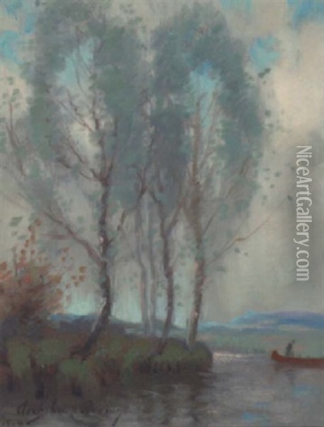 Trees By A River With A Man In A Canoe Oil Painting - Joseph Archibald Browne