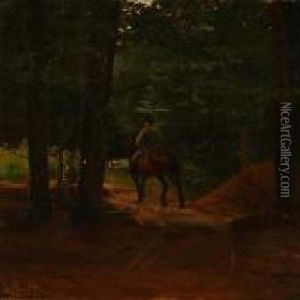 A Horseman In A Forest Oil Painting - Frants Peter Didrik Henningsen