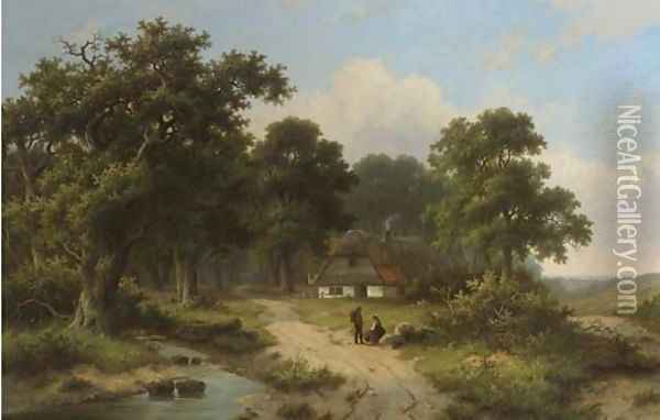 Peasants resting by a stream at the edge of a forest Oil Painting - Hendrik Pieter Koekkoek