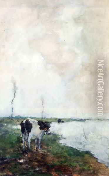 A Cow Standing By The Waterside In A Polder Oil Painting - Jan Hendrik Weissenbruch