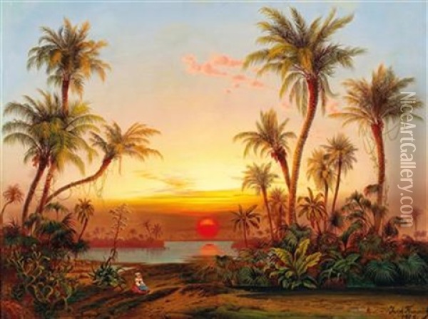 A Southern Landscape With Palms In The Evening Light Oil Painting - Joseph Firmenich