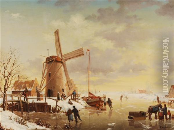Figuresskating On A Frozen River By A Windmill Oil Painting - A. J. F. De Groote