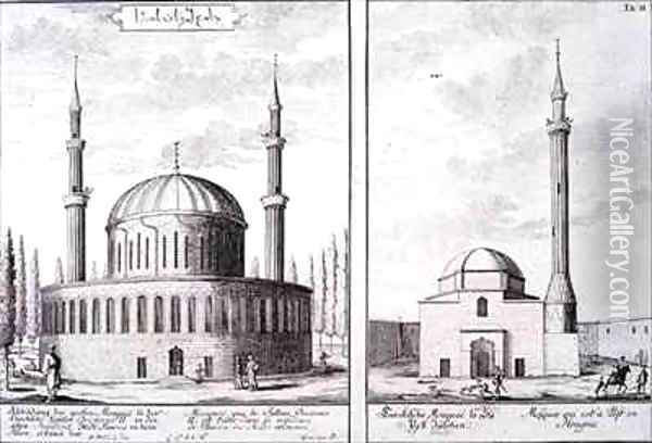 View of a Mosque in Bursa and a Mosque in Hungary Oil Painting - Johann Bernhard Fischer von Erlach