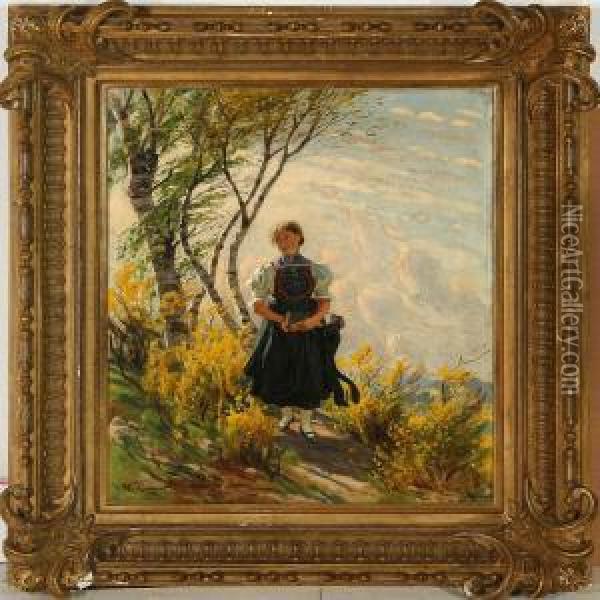 A Girl Ona Path Oil Painting - Wilhelm Carl Zimmer