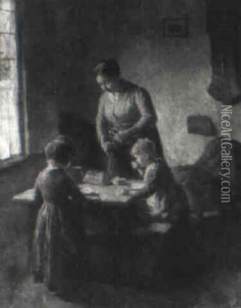 Dutch Mother Slicing Bread At Kitchen Table Oil Painting - Bernard de Hoog