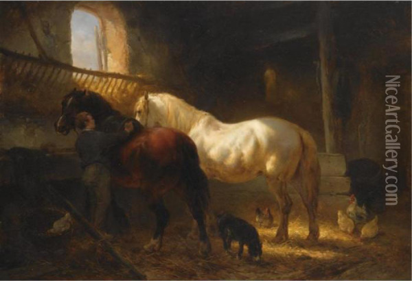 Horses In A Stable Oil Painting - Wouterus Verschuur