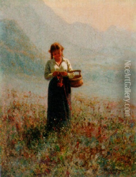A Young Girl Knitting In A Fjord Landscape Oil Painting - Hans Dahl