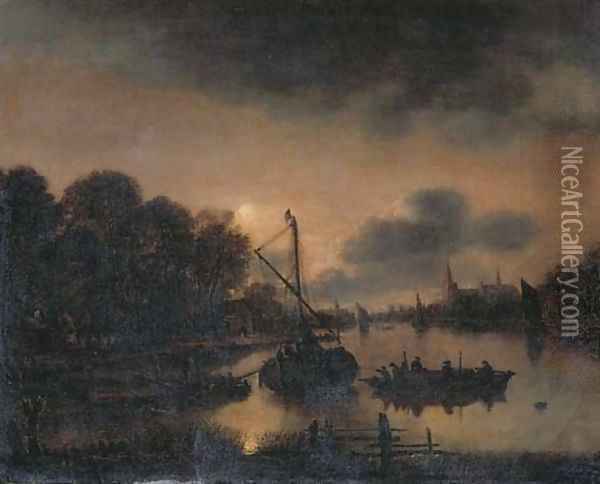 A moonlit landscape with moored vessels on a river, a village with a church beyond Oil Painting - Aert van der Neer