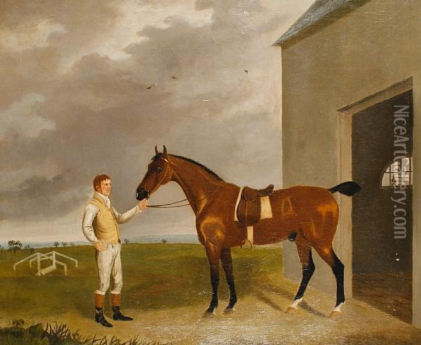 A Bay Racehorse And Groom Oil Painting - John Boultbee