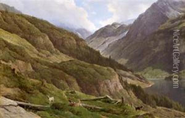 Mountain Landscape With Grazing Goats Oil Painting - Anton Avlov Hlavacek /