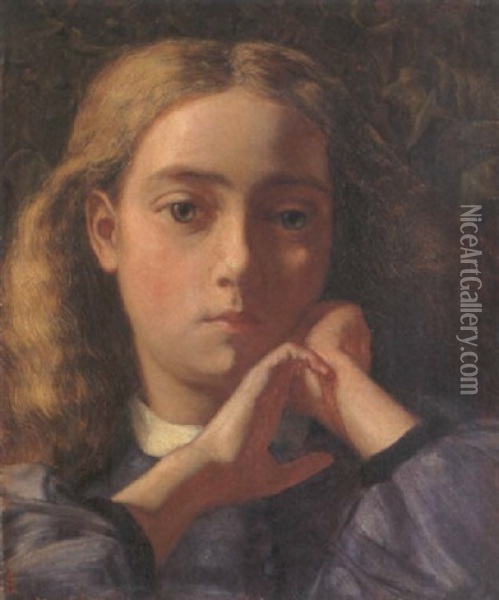 Portrait Of A Young Firl In A Blue Dress Oil Painting - Evelyn de Morgan