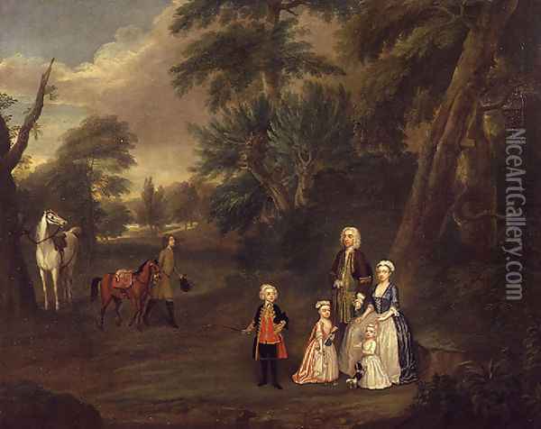 Thomas Hill of Tern, and his family in a landscape, 1730 Oil Painting - Charles Phillips
