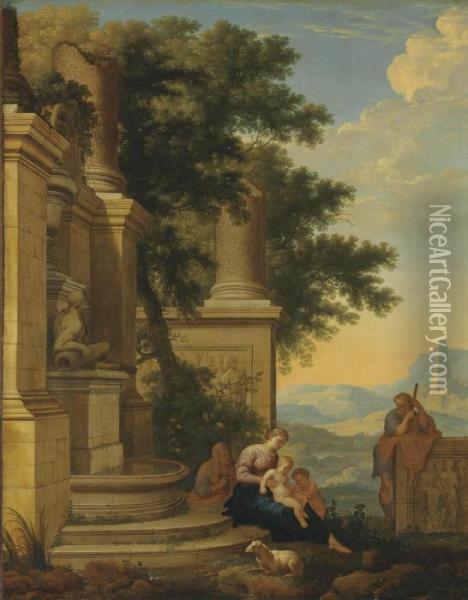 An Extensive Landscape With The Holy Family Oil Painting - Henri Mauperche