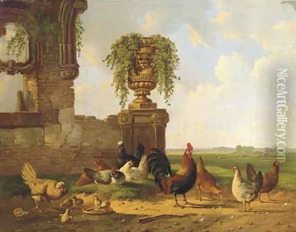Poultry by a ruin, an extensive landscape beyond Oil Painting - Albertus Verhoesen
