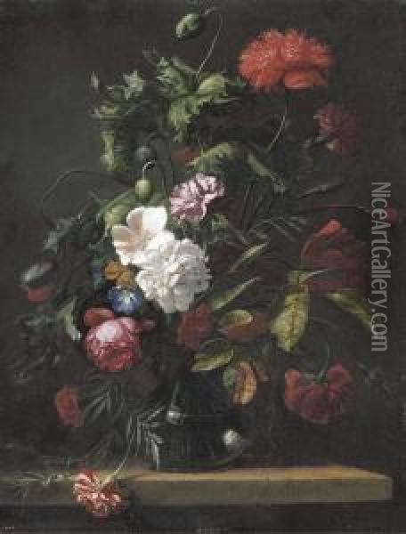 Roses, Carnations, Morning Glory And Other Flowers In A Glass Vase On A Stone Ledge Oil Painting - Rachel Ruysch
