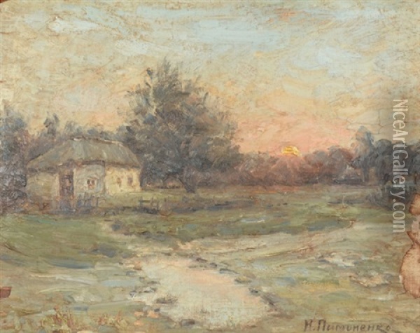 Farm Cottage In A Summer Landscape Oil Painting - Nicolai K. Pimonenko