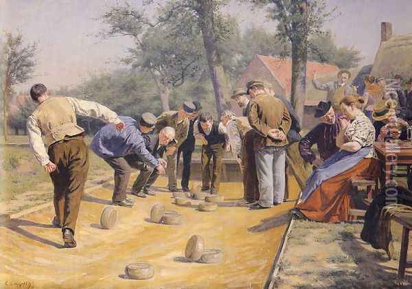 A Game of Bowls in the Village Square Oil Painting - Remy Cogghe