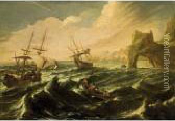Shipping In Stormy Seas Oil Painting - Matthieu Van Plattenberg