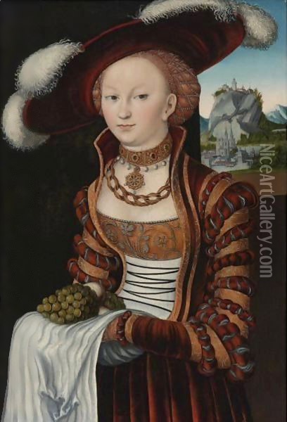 Portrait Of A Young Lady Holding Grapes And Apples Oil Painting - Lucas The Elder Cranach