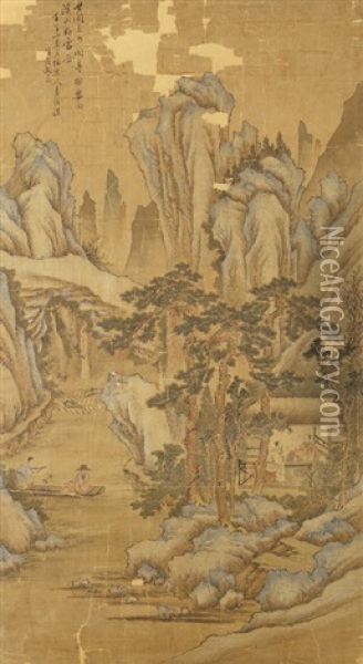Scholars In A Blue/green Landscape Retreat Oil Painting -  Wen Jia