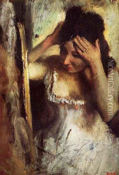 Woman Combing Her Hair before a Mirror Oil Painting - Edgar Degas