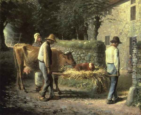 Peasants Bringing Home a Calf Born in the Fields Oil Painting - Jean-Francois Millet