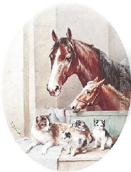 Katze Mit Ihren Jungen Und Stute Mit Fohlen Im Stall Oil Painting - Carl Reichert