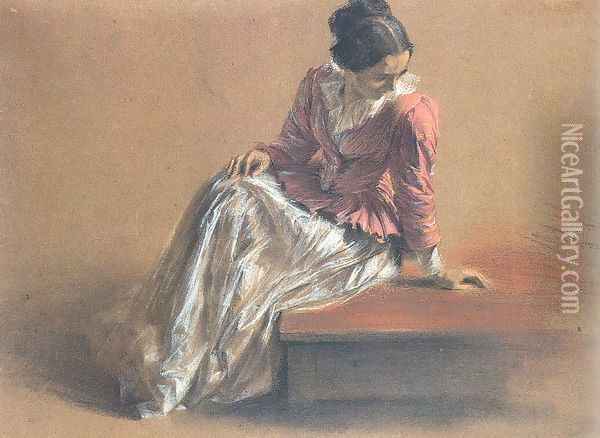 Costume Study of a Seated Woman- The Artist's Sister Emilie Oil Painting - Adolph von Menzel