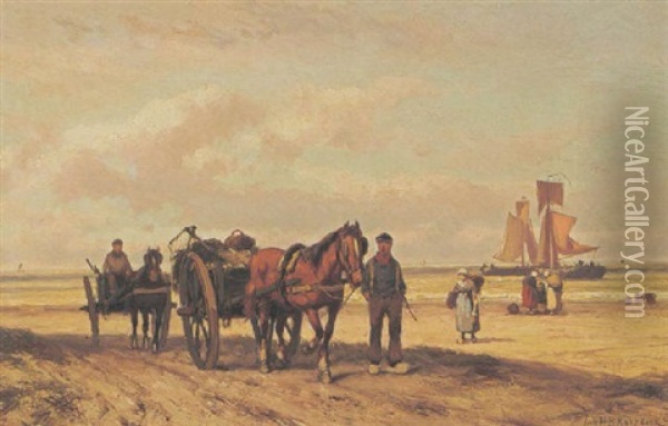 Fisherfolk On The Beach Oil Painting - Johannes Hermanus Barend Koekkoek