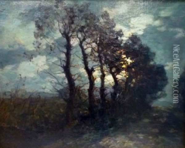 Le Chemin Borde D'arbres Une Nuit De Pleine De Lune Oil Painting - Francois Charles Cachoud