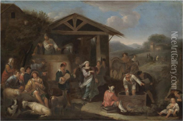 An Italianate Landscape With Peasants Making Merry And Pressing Grapes Oil Painting - Dirk Theodoor Helmbreker