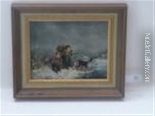 Faggot Gatherers In A Snowy Landscape Oil Painting - William Collins