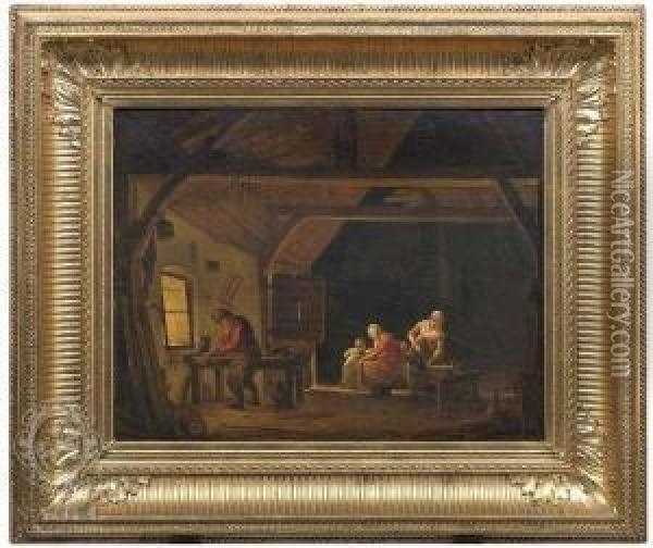 Interior Of A Workshop With A Craftman's Family Oil Painting - Hendrik van der Burgh