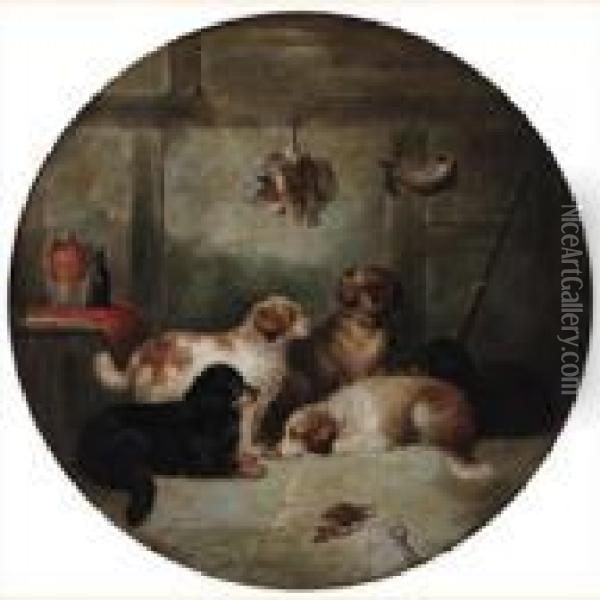 Gun Dogs In An Interior Oil Painting - George Armfield