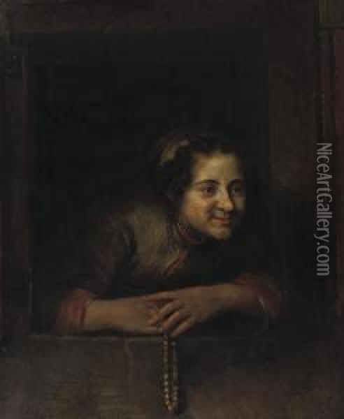 A Young Woman Leaning Out Of A Window, Holding A Pearl Necklace Oil Painting - Philips Koninck